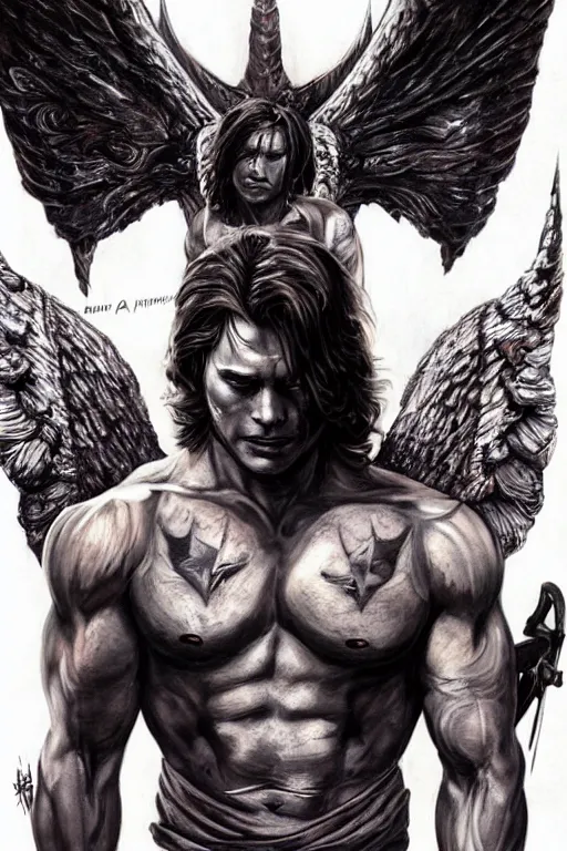 Prompt: front portrait of attractive sam winchester as a muscular warrior angel with demon wings wide open, teared apart t - shirt whole body tattooed with runes and satanic symbols, d & d!, fantasy style, sharp focus!, ultra detailed, art by artgerm and peter andrew jones, wlop