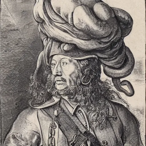 Image similar to A British colonial soldier with an octopus head in the style of Albrecht Dürer, engraving, ink, black and white, 17th century