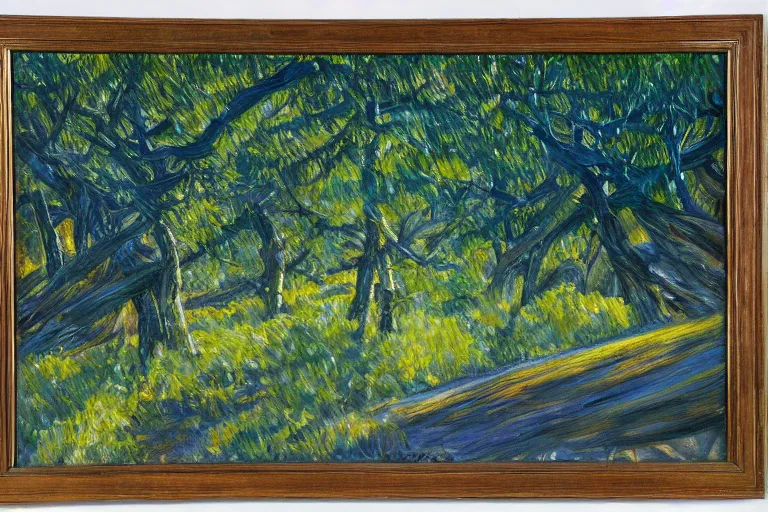 Image similar to masterpiece painting of oak trees on a hillside overlooking a creek, dramatic lighting, by giacomo balla