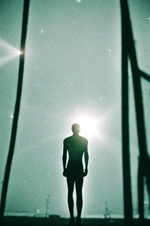 Prompt: agfa vista 4 0 0 photograph of a skinny guy getting abducted by alien spaceship, lens flare, back view, moody lighting, moody vibe, telephoto, 9 0 s vibe, grain, vintage, tranquil, calm, faded