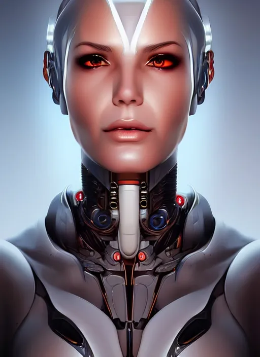 Prompt: portrait of a cyborg woman by Artgerm, face turns left+100 (((((face turns right))))), open eyes , biomechanical, hyper detailled, trending on artstation