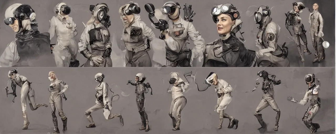 Image similar to character design, reference sheet, 50's space explorer, butch blonde tomboy woman with very short slicked-back hair, muscular, tattooed, optimistic, stained dirty flight suit, steampunk goggles, work gloves, concept art, photorealistic, hyperdetailed, 3d rendering! , art by Leyendecker! and constable, pulp science fiction