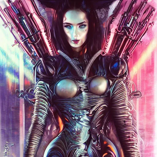 Image similar to a full body beautiful woman wearing a cyberpunk outfit by karol bak, ayami kojima, artgerm, sakimichan, hr giger, blue eyes, weapons, electronics, high tech, concept art, fantasy