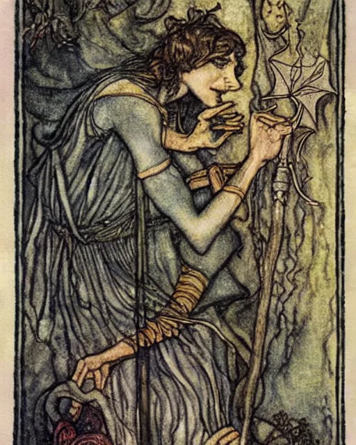 Image similar to tarot card detailed painting, illustration, tarot card framing with roman numbers, in style of Arthur Rackham