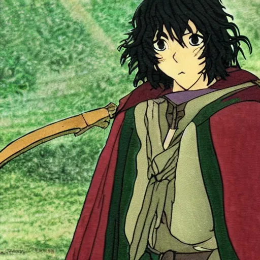 Image similar to peregrin took from the anime lord of the rings (1986), dark hair, green cape, hobbit, studio ghibli, very detailed, realistic