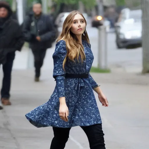 Image similar to portrait of elizabeth olsen walking down the street, trending on artisan, high quality