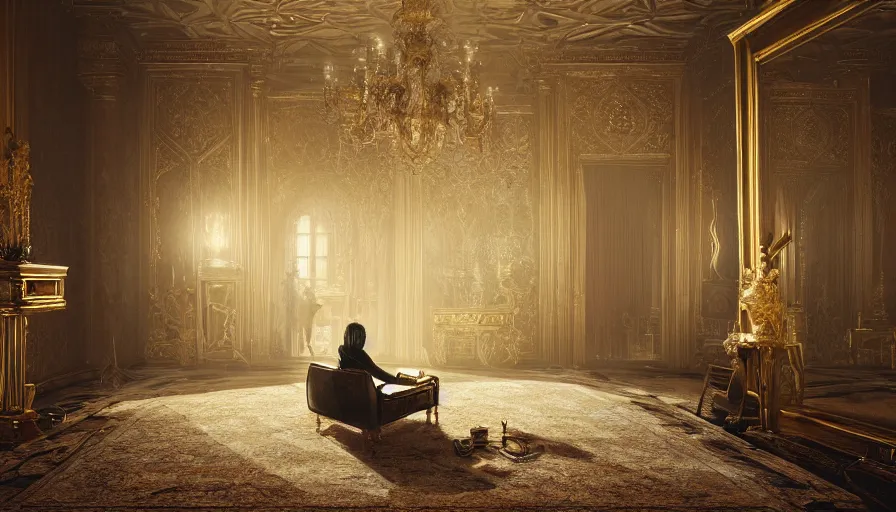 Prompt: portrait of a lonely thin man sitting on a golden throne, in a mansion, intricate, detailed, wide lens, unreal engine, fantasy art by greg rutkowski