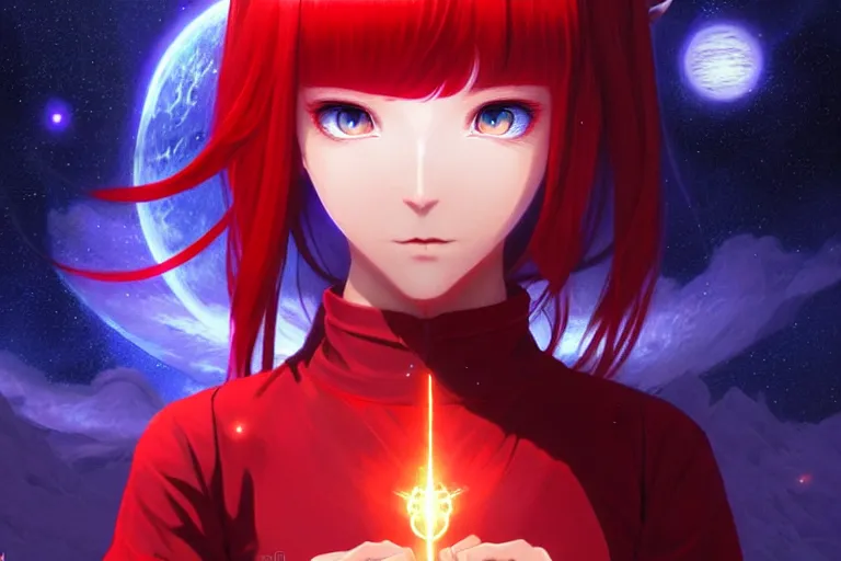 Prompt: red dressed summoner girl fighting against outer gods with their creatures. floating planets on the background, box office hit, fantasy and cosmic horror movie, unreal engine, intricate, highly detailed 8 k, ambient occlusion, extremely beautiful and aesthetic shape of face and body, art by hiroaki samura and ilya kuvshinov and rossdraws