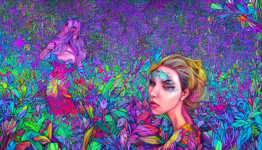 Image similar to landscape beautiful woman in psychodelic dmt lsd forest, photorealistic, artgerm, artwork by Arian, Mark