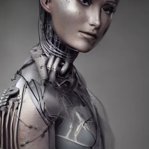 Image similar to photographic stil of beautiful model, a human robot woman, beautiful artificial body with artificial bones and artificial flesh, cables, tubes, westworld style, medium - shot, insanely detailed, photorealistic, beautiful soft light, octane render, by annie leibowtiz