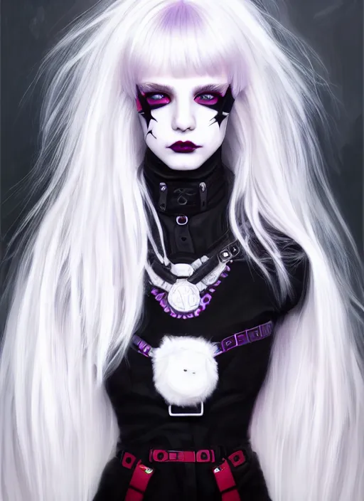 Image similar to portrait of white teenage girl, normal face, white bangs, mall goth, cyberlox, black and white hair, bangs, fluffy bangs, red contact lenses, purple lipstick, intricate, elegant, highly detailed, digital painting, artstation, concept art, sharp focus, smooth, illustration, art by wlop, mars ravelo and greg rutkowski