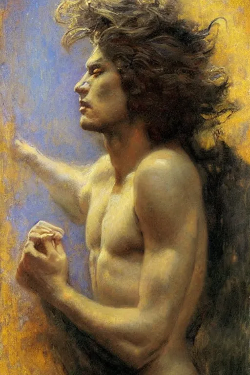 Image similar to portrait of morpheus, the sandman, the king of dreams. art by gaston bussiere.