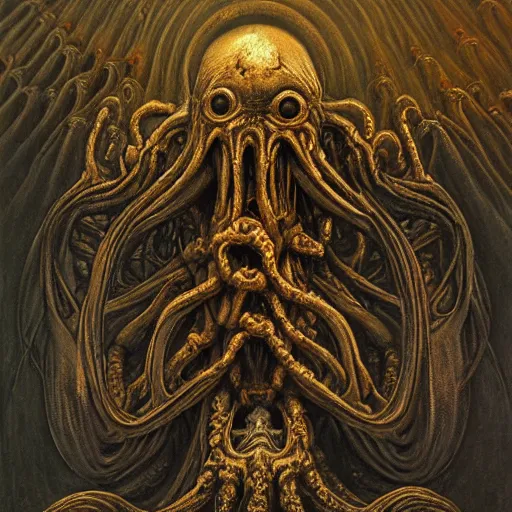 Image similar to monstrous and twisted cathedral with a statue to a many eyed, veiny and four armed cthulhu, slimy tentacles twisting in lotus position. in the style of hr giger and zdzisław beksinski and frank frazetta. golden hour, gloomy. biomechanical oil painting horror gothic hyperrealistic detail