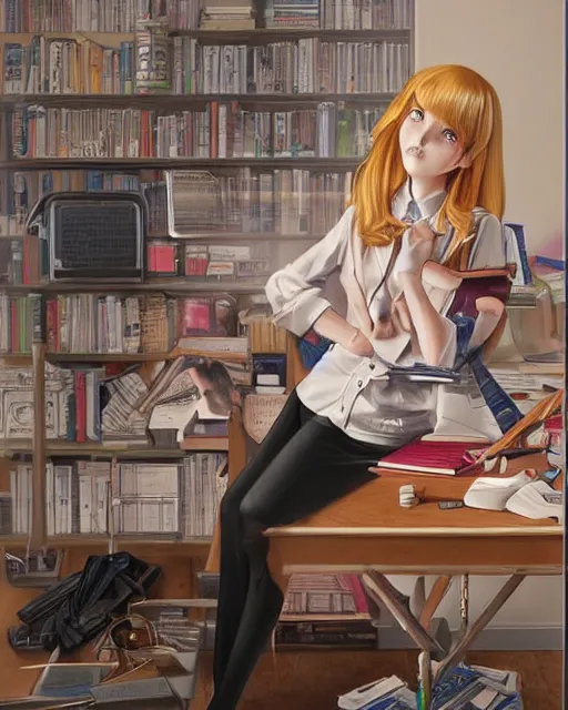 Image similar to illustration depicting a wealthy young mischievous female prep school student with medium length bright blonde hair and pale skin, in an old study room smoking her dad's cigarettes, complex artistic style, color ink pen illustration, subtle detailing, illustrated by Artgerm and Range Murata.