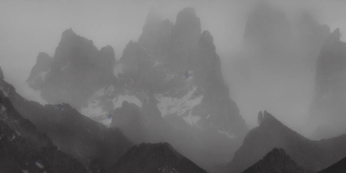 Prompt: foggy dolomites photographed from the valley, 1. 2 f, 3 5 mm, dark, eerie, 1 9 2 0 s ghost photography