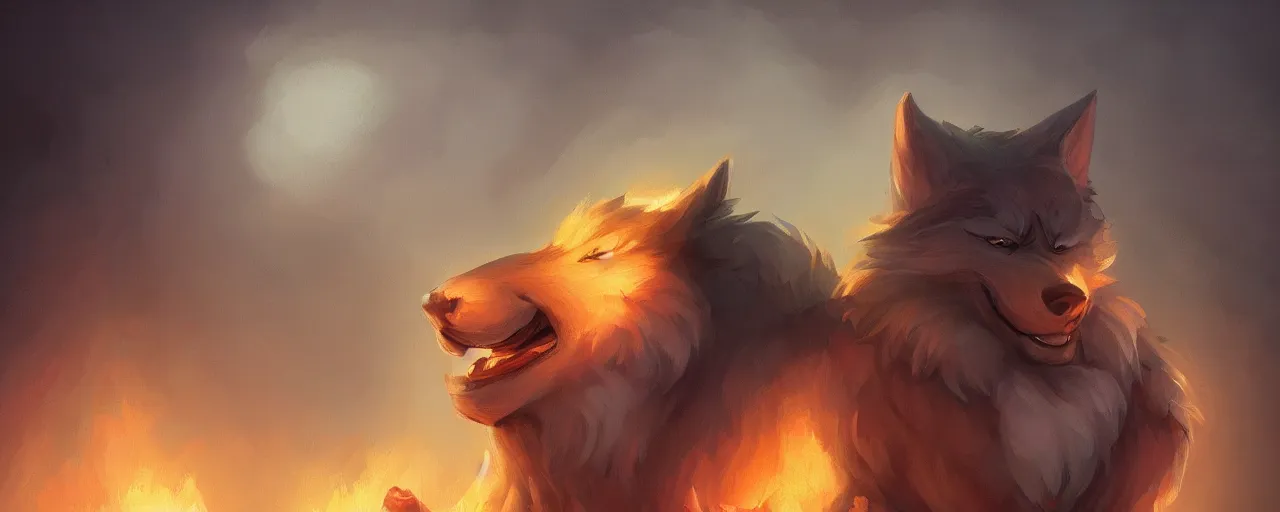 Prompt: a cartoonish cute big wolf is in pain because of a fireplace inside a house, warm lighting, magical atmosphere, trending on artstation, 30mm, by Noah Bradley trending on ArtStation, deviantart, high detail, stylized portrait H 1280