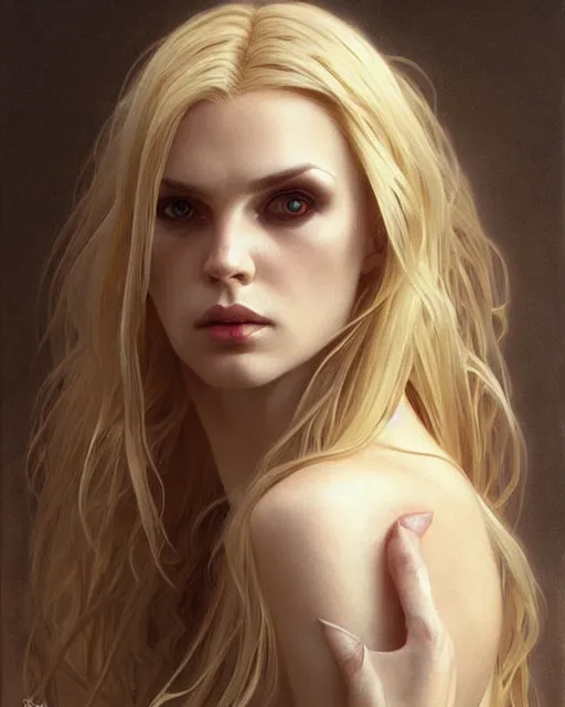 Image similar to portrait of a blonde vampire, dark, piercing eyes, gentle expression, elegant clothing, photorealistic, highly detailed, artstation, smooth, sharp focus, art by michael whelan, artgerm, greg rutkowski and alphonse mucha