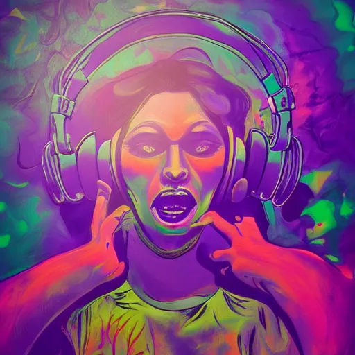 Image similar to psychedelic but muted colors, demon painting, rocking out, wearing headphones, huge speakers, dancing, rave, DJ, spinning records, digital art, amazing composition, rule-of-thirds, award-winning, trending on artstation, featured on deviantart