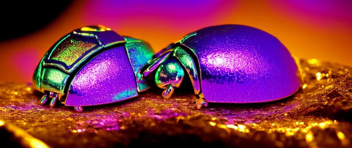 Image similar to high quality photo glowy iridescent cyborg scarab! jeweled gorgeous! highly detailed digital art david ligare peter zumthor cinematic purple neon lighting high quality low angle hd 8k sharp shallow depth of field