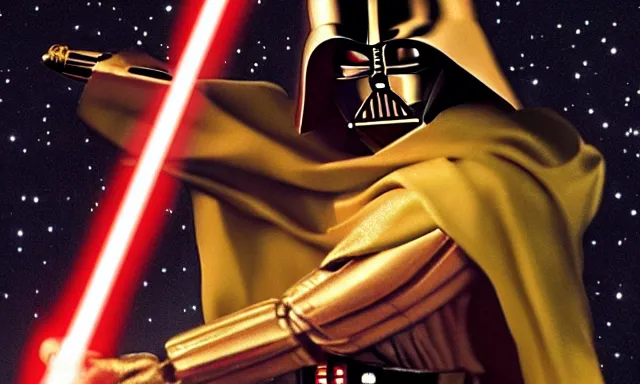 Image similar to full shot photograph of super jesus christ defeating darth vader, using a cross - shaped gold lightsaber, photorealistic, cinematic lighting, extremely detailed, star wars