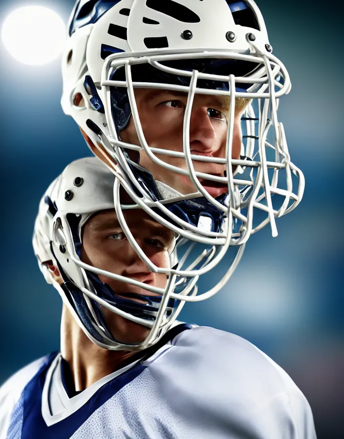 Image similar to closeup portrait of very beautiful cute male lacrosse player wearing a cascade xrs lacrosse helmet in a penn state stadium, glamour pose, particle effects, backlit, highly detailed, soft ambient lighting, sharp focus, rule of thirds, artgerm, wlop, arney freytag, rossdraws, frank frazetta, andrei riabovitchev, hd, octane, 4 k