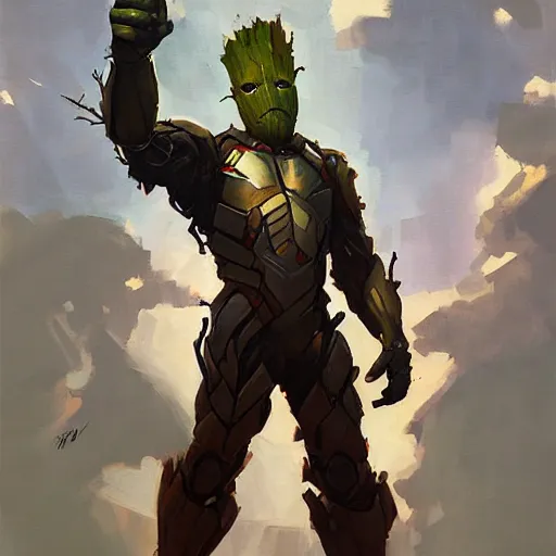 Image similar to greg manchess portrait painting of armored groot as overwatch character, medium shot, asymmetrical, profile picture, organic painting, sunny day, matte painting, bold shapes, hard edges, street art, trending on artstation, by huang guangjian and gil elvgren and sachin teng