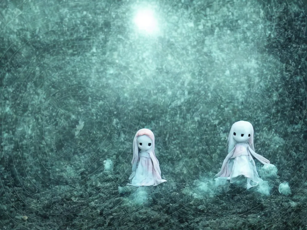 Prompt: cute fumo plush girl ghost lingering in a mysterious concrete organic ruin, technicolor horror, chibi gothic maiden in tattered rags, glowing wisps of hazy green smoke and eerie blue volumetric fog swirling about, lens flare, vray