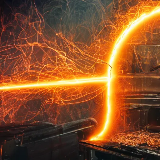 Image similar to smoothie blender, tangles of metallic cables, dark messy smoke - filled cluttered workshop, dark, dramatic lighting, orange tint, sparks, plasma charges, cinematic, highly detailed, sci - fi, futuristic, movie still