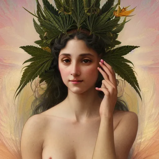 Image similar to portrait of a marijuana goddess, intricate, elegant, highly detailed, digital painting, artstation, concept art, smooth, sharp focus, illustration, art by artgerm and greg rutkowski and alphonse mucha and william - adolphe bouguereau