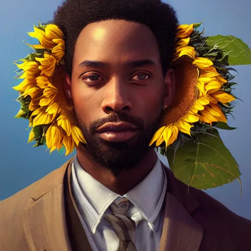 Prompt: highly detailed vfx portrait of handsome black man with crown of sunflowers, stephen bliss, greg rutkowski, loish, rhads, beeple, makoto shinkai, tom bagshaw, alphonse mucha, global illumination, sharp focus, art by artgerm and greg rutkowski, stanley kubrick, best of behance, cinematic lighting, intricate complexity,