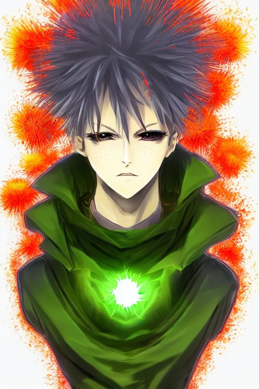 Prompt: nuke cloud dandelion male anime character, symmetrical, highly detailed, digital art, sharp focus, trending on art station, green eyes, glowing radioactive colours