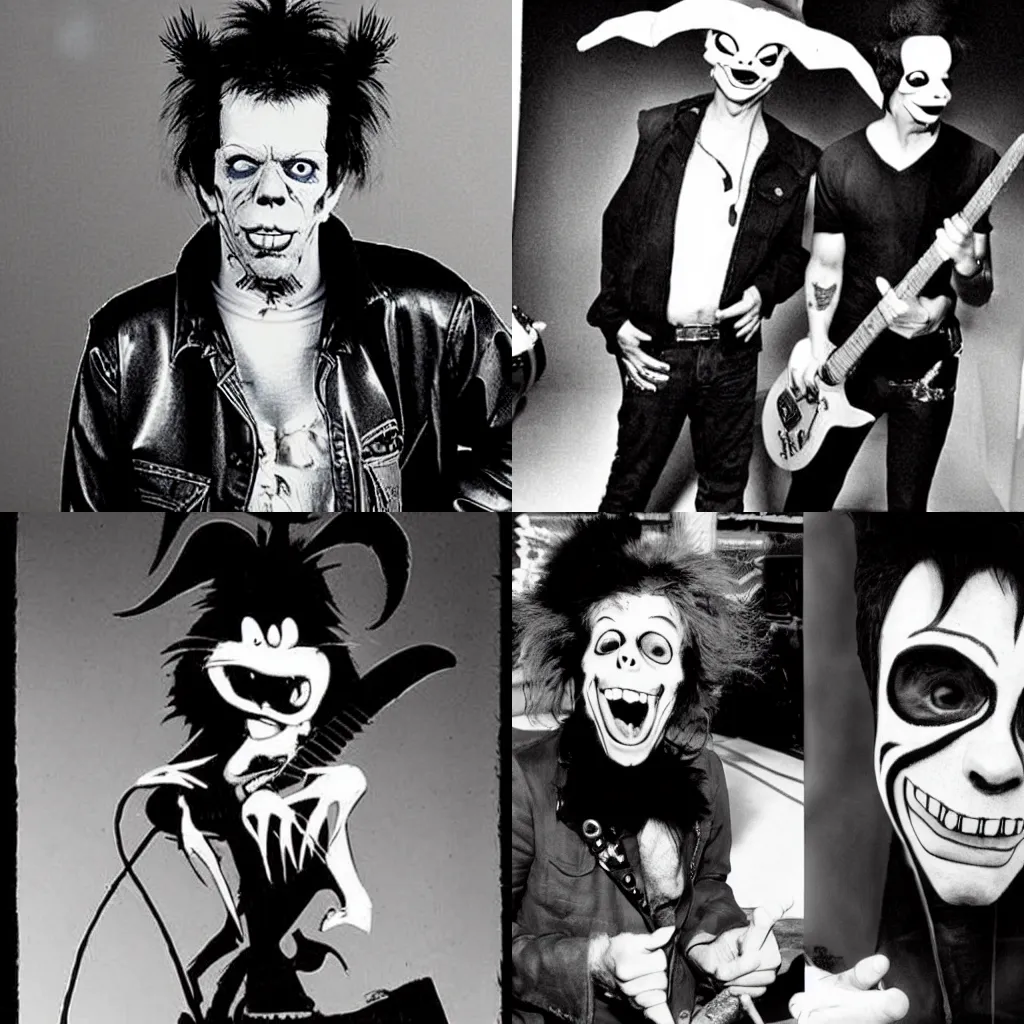 Prompt: Tom Waits dressed like Jerry Only as a member of the horror punk band The Misfits