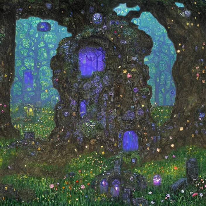 Prompt: ancient overgrown! ruins, medieval gates, indigo runestones, mysetrious etherial mesmerizing runic!! cat eyes, magical elven geometry, concept art by gustav klimt!!, deviantart contest winner, environmental art, pretty indigo flowers, fairy circles, lit by moonlight!!, high detail, intricate masterpiece