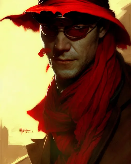 Prompt: mysterious lamont cranston, the shadow, black wide brimmed hat, red scarf across his face, pulp character portrait, ultra realistic, concept art, intricate details, highly detailed by greg rutkowski, gaston bussiere, craig mullins, simon bisley