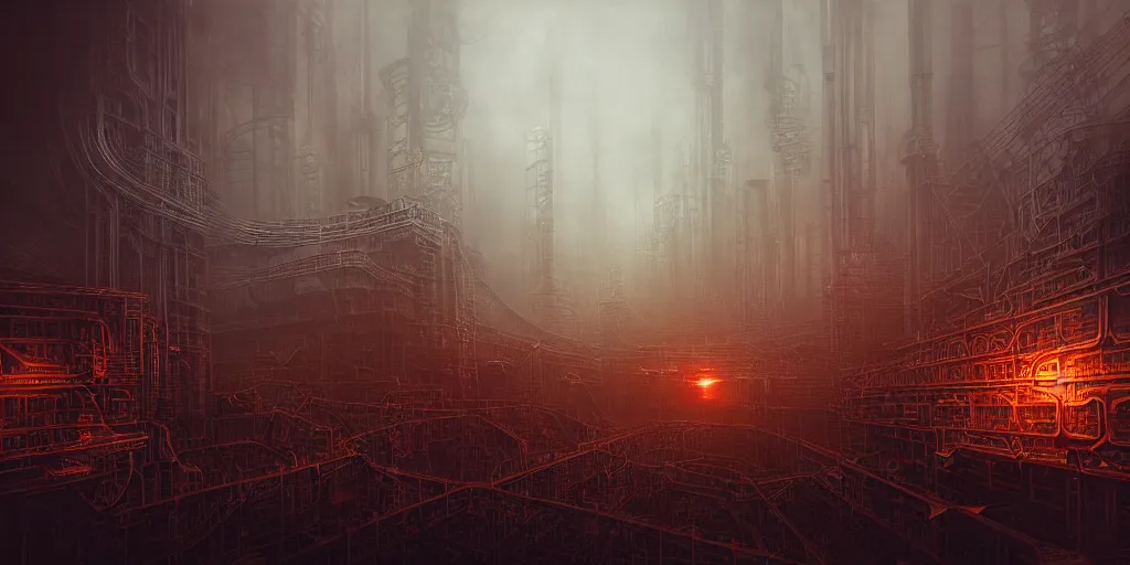 Prompt: futuristic dystopian endless, intricate, complex, labyrinthine, byzantine, tangled, industrial megafactory complex, smokestacks, pipelines and ducts and vents, science fiction landscape painting, steampunk, fog, night, gloomy, dark, dramatic, cinematic, volumetric lighting, gods eye view