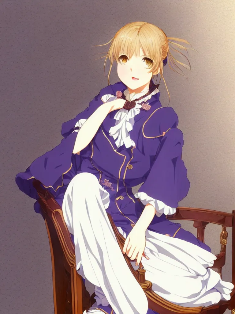 Prompt: a character portrait of violet evergarden, sitting down on a chair in a victorian home background, style of kyoto animations, trending on pixiv, anime, high detail, character accurate