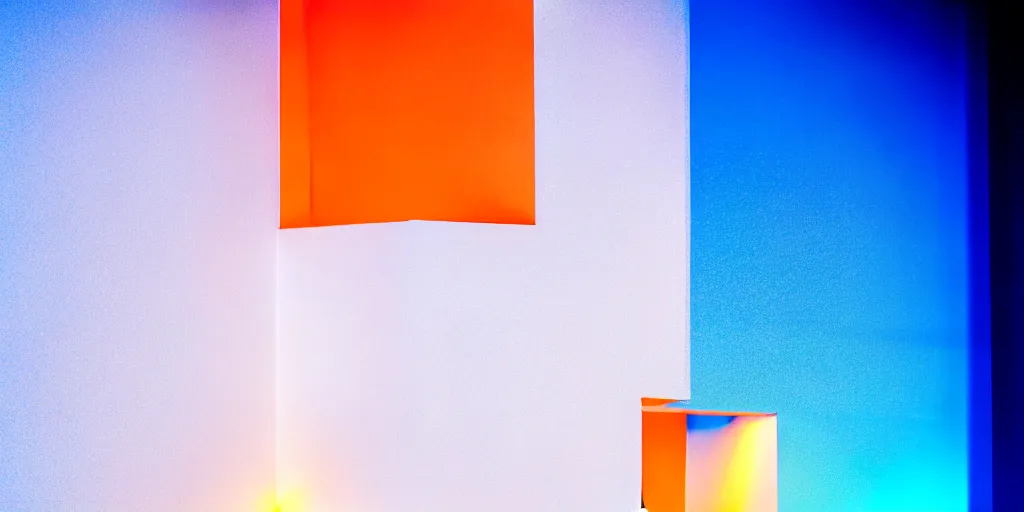 Image similar to hyperrealistic rendering on very beautiful white wall with beautiful contrast of light and shadow, orange to blue gradient luminescence, professional foto, front elevation, optical illusion, close - up, in focus, reflection, cinematic frame