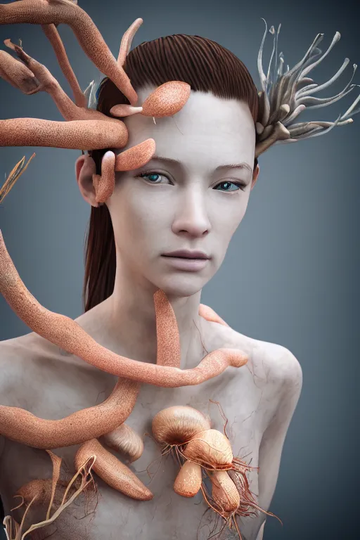Image similar to ultra realistic 3 d render of porcelain women infected with cordyceps fungus, mushrooms, floral, beautiful, elegant