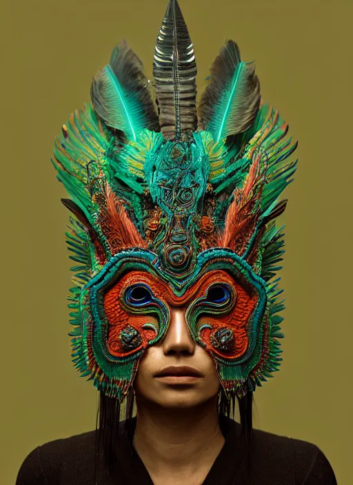 Prompt: 3 d mexican goddess medium shot portrait. beautiful intricate highly detailed quetzalcoatl mask and feathers. low - key lighting, bioluminescent, plasma, lava, ice, water, wind, creature, artwork by tooth wu and wlop and beeple and lee jeffries, 8 k trending on artstation,