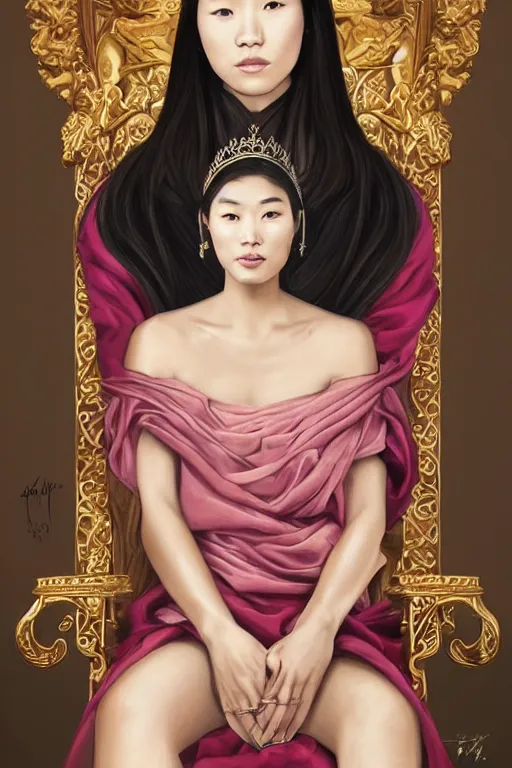 Prompt: portrait of a beautiful young asian woman with shoulder length hair and strong facial bone structure, queen and ruler of the universe, sitting on her throne, young men kneeling at her feet, digital painting, highly detailed, intricate, elegant, hyperrealism, trending on artstation, art by tara phillips