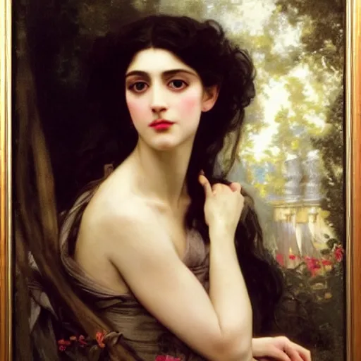 Prompt: oil painting of princess Vulvine, Hungarian, curly dark hair, fair skin, dark ominous, blurred background by Georgia o Keeffe, by Marcel Jankowicz, by Bouguereau, by Gustave Moreau, concept art, master, realism, romantism