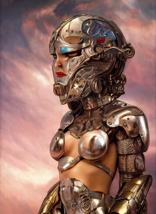 Prompt: symmetry! closeup portrait of a beautiful biblical diabolical agile girl, cyborg armor, in clouds, cinematic studio light! windy, sunset, by gerald brom, by mikhail vrubel, by peter elson, high contrast, muted colors, extreme detail, mirrors! trending on artstation, 8 k