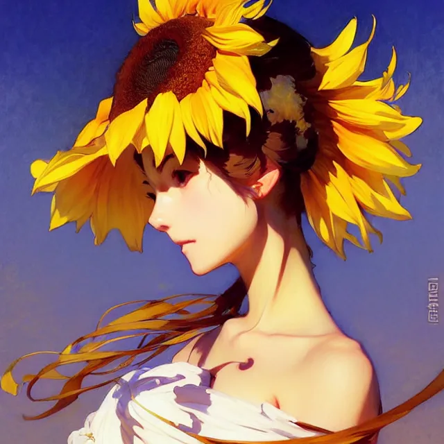 Prompt: beautiful sunflower anime girl, krenz cushart, mucha, ghibli, by joaquin sorolla rhads leyendecker, by ohara koson