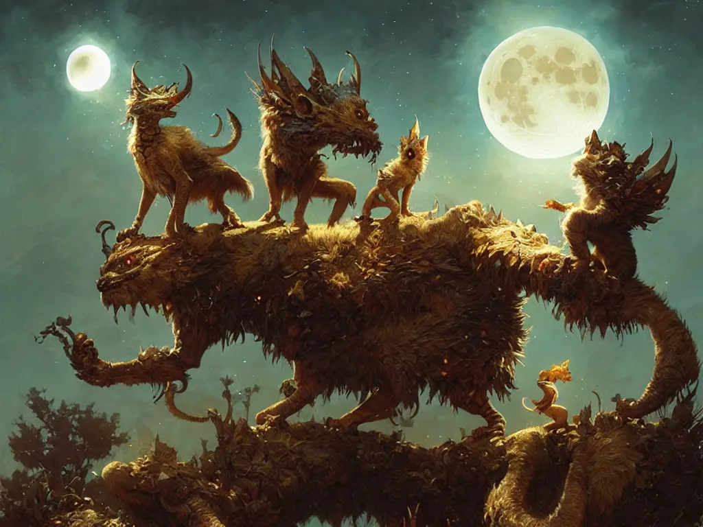 Image similar to cute fantasy critters looking at the moon, ultra realistic, concept art, intricate details, highly detailed by greg rutkowski, gaston bussiere, craig mullins, simon bisley