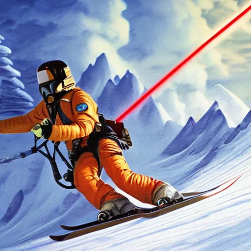 Image similar to star wars xwing pilot skiing down a mountain using lightsabers as poles, highly detailed, high resolution, ultra realistic