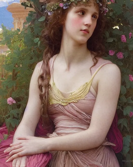 Image similar to an art nouveau portrait painting of a shy, blushing 1 6 - year old alicia vikander or millie bobby brown as a princess lying among flower petals, hair fanned around, intricate, elegant, highly detailed, artstation, concept art, by krenz cushart and donato giancola and william adolph bouguereau and alphonse mucha