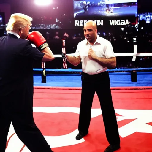 Image similar to Donald Trump and Joe rogan, boxing, Las Vegas, high quality,