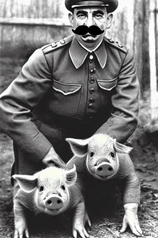 Prompt: piglets with stalin moustaches historical photo in color