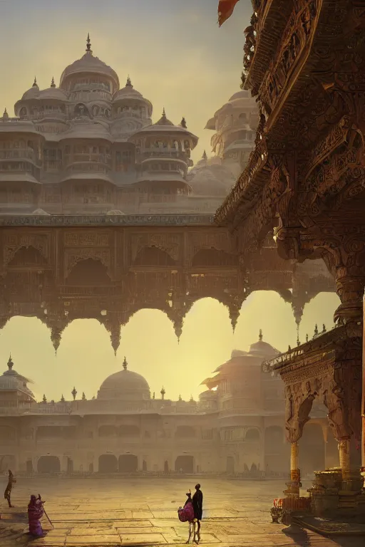 Image similar to old indian city with a breathtaking view of a magnificent maharajah palace at pink dawn, intricate, elegant, volumetric lighting, digital painting, highly detailed, artstation, sharp focus, illustration, concept art, ruan jia, steve mccurry