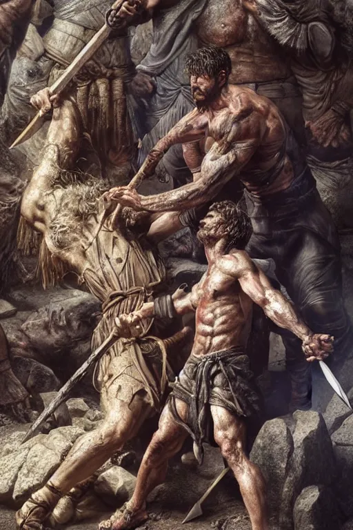 Prompt: hyperrealistic mixed media painting of biblical Cain stabbing Abel with a spear, masculine and rugged, stunning 3d render inspired art by P. Craig Russell and Barry Windsor-Smith + perfect facial symmetry + dim volumetric lighting, 8k octane beautifully detailed render, post-processing, extremely hyperdetailed, intricate, epic composition, grim yet sparkling atmosphere, cinematic lighting + masterpiece, trending on artstation, very very detailed, masterpiece, stunning